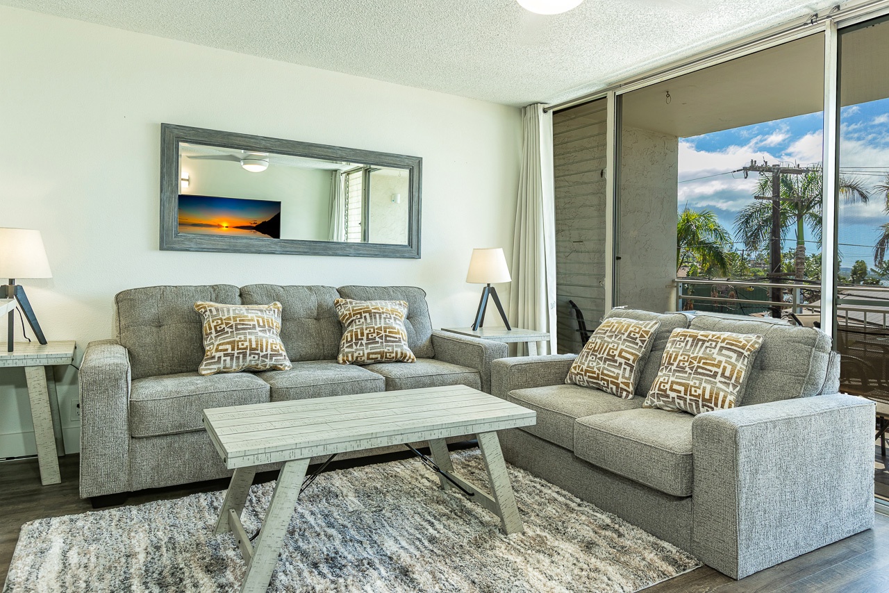 Comfortable living room with sofa sleeper and style