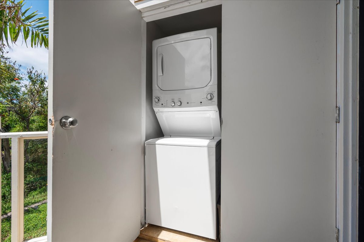 A stacked washer and dryer keeps your vacation wardrobe fresh, so you can pack light and stay longer in comfort.