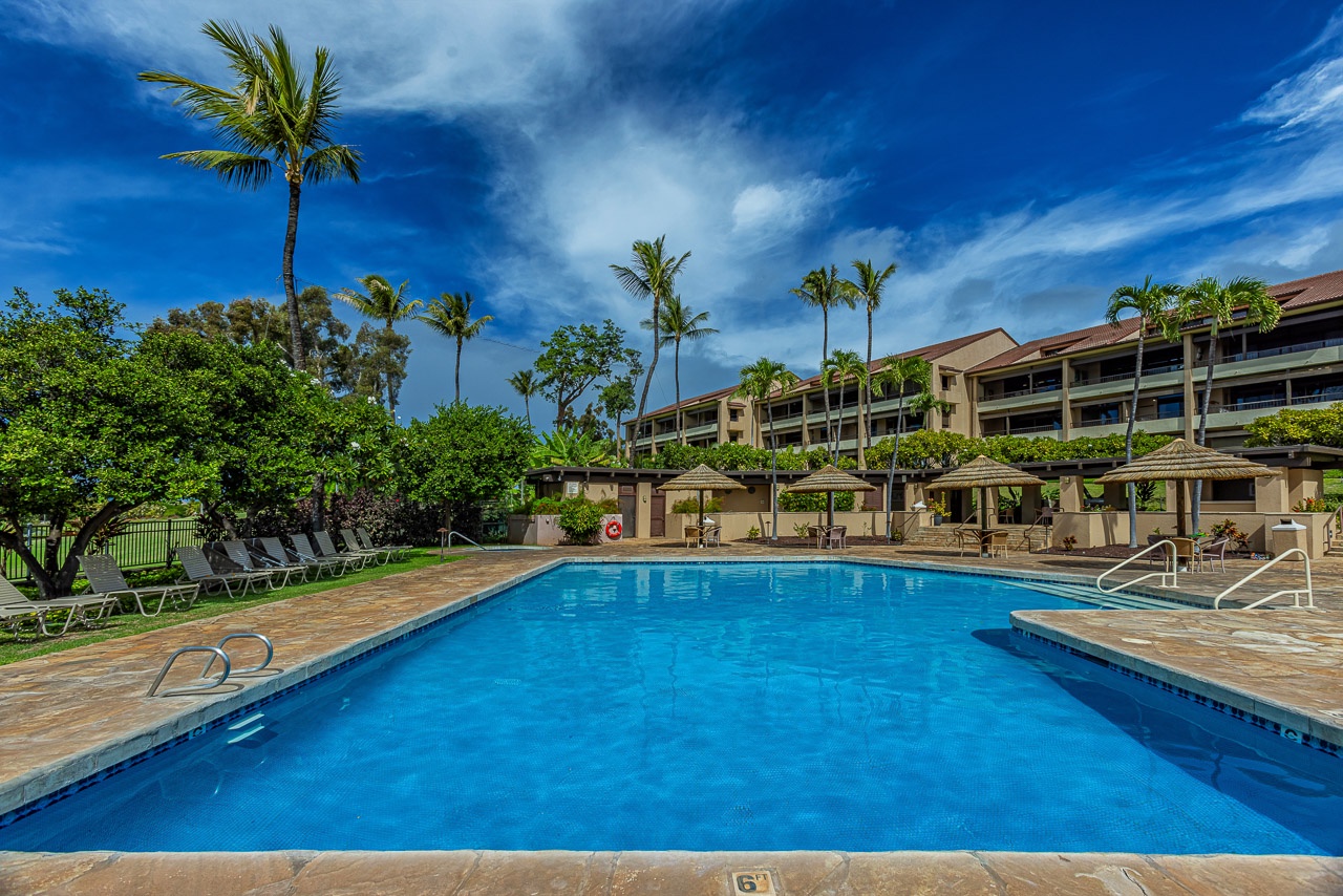 Comfortable loungers and shaded seating areas perfect for relaxing under the Hawaiian sun.