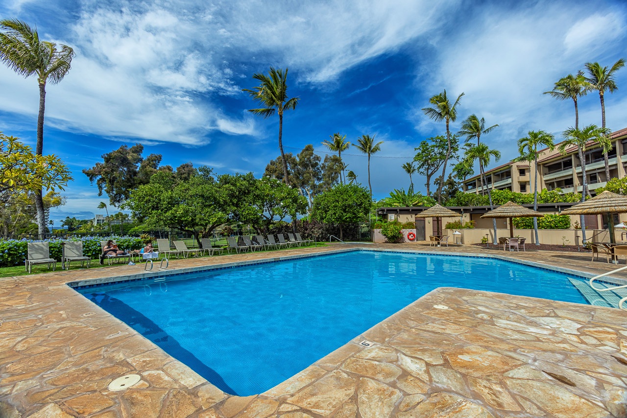 Picture yourself lounging by this sparkling pool under swaying palms, the ocean breeze keeping you cool as you soak up the Hawaiian sun and enjoy your tropical escape.
