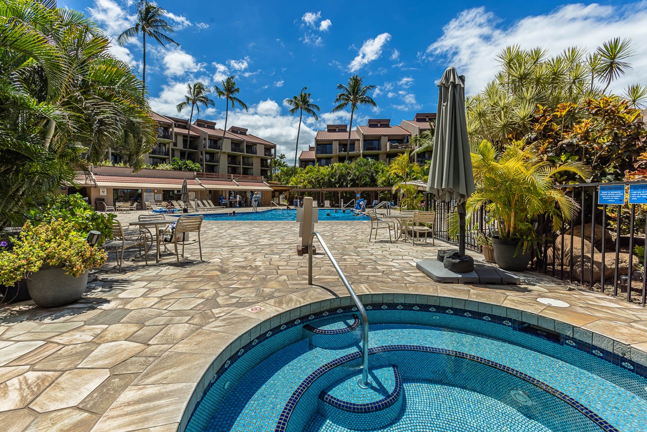A sparkling hot tub and inviting pool area surrounded by swaying palms—your perfect tropical escape awaits under sunny skies.