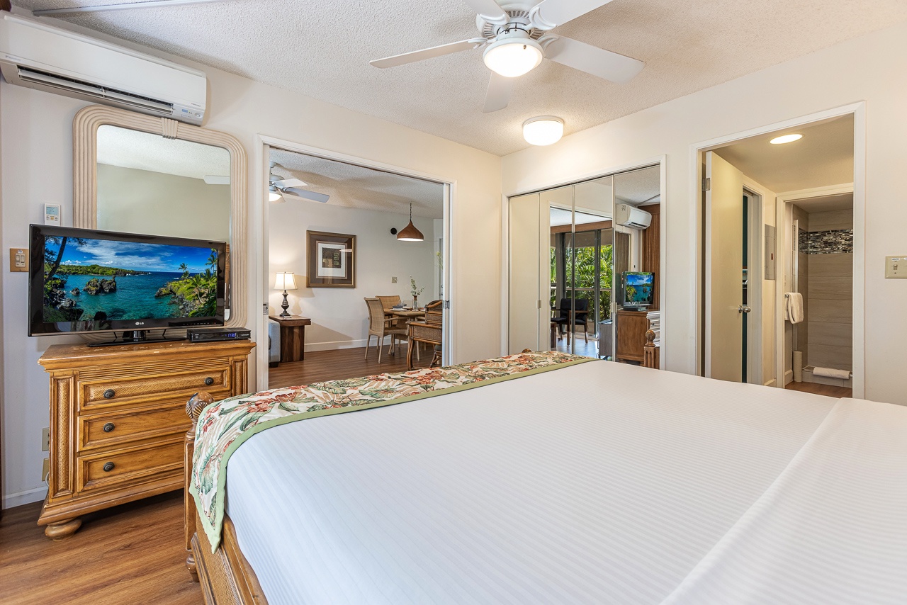 Sliding pocket doors offer privacy from the living area