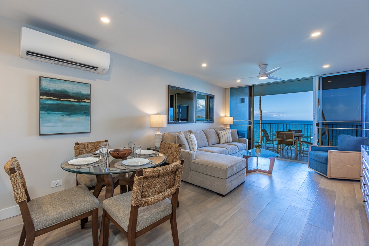 Gather for meals with ocean scenery beyond