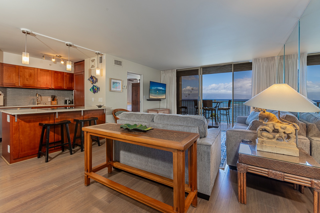 Relax in your open-concept living space with ample seating