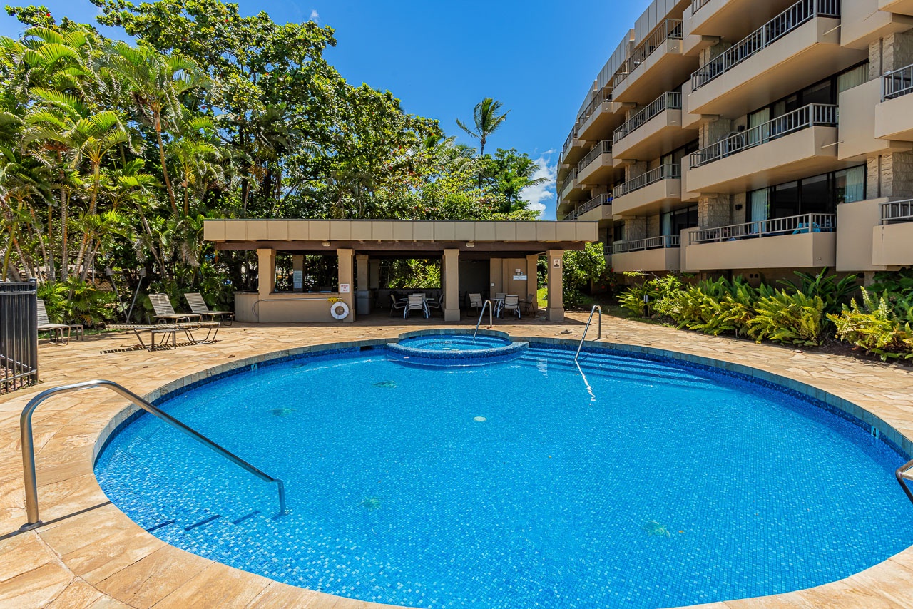 Sparkling pool surrounded by swaying palms and sunshine, with a hot tub ready for your evening relaxation after exploring the island.