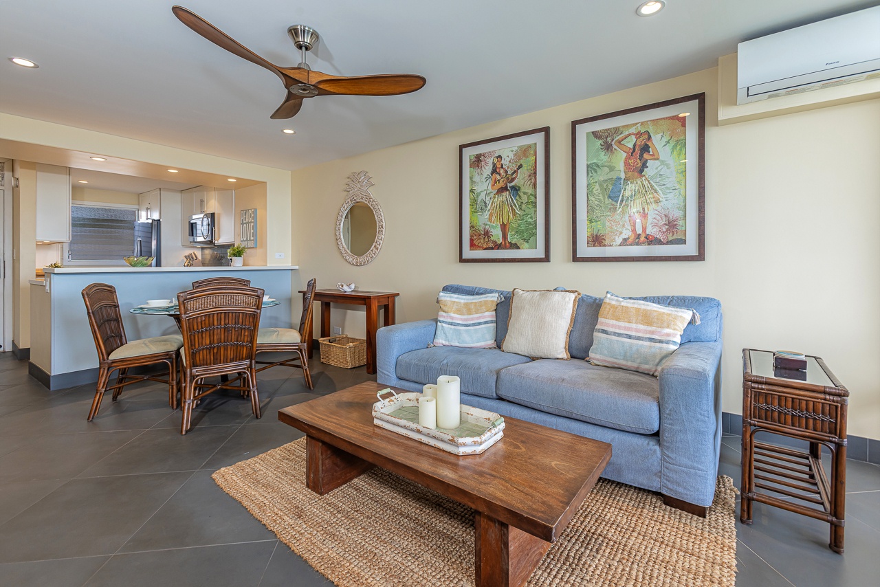 Open living area with comfortable seating and sofa sleeper