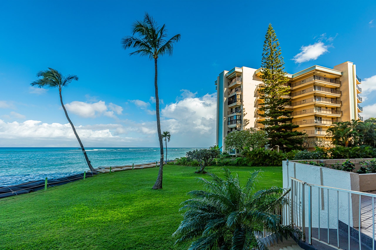 A tropical beachfront property with direct ocean access, lush green lawn, and swaying palms.
