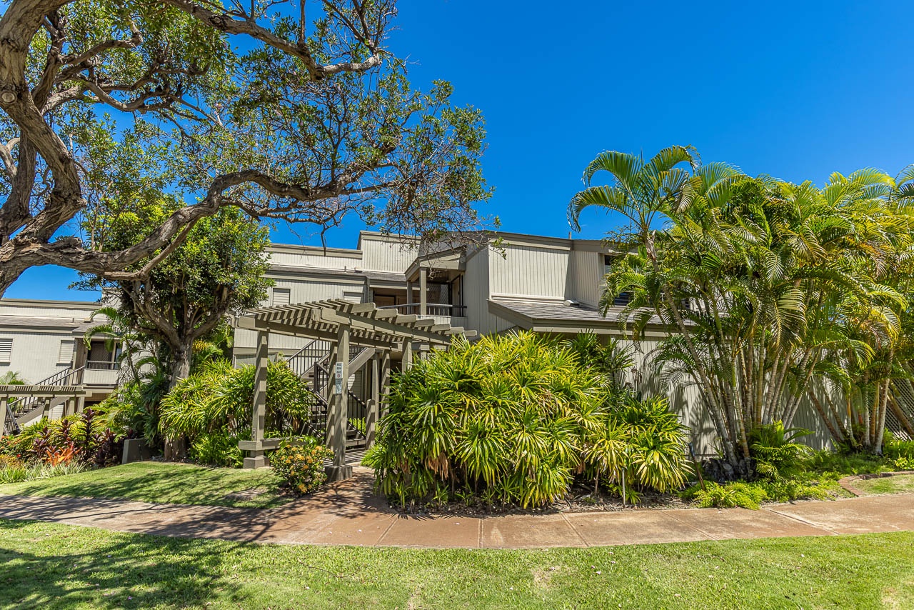 A tropical oasis framed by lush palms and mature trees under vibrant blue skies. The property's charming arbor entrance and manicured gardens create a welcoming island retreat.