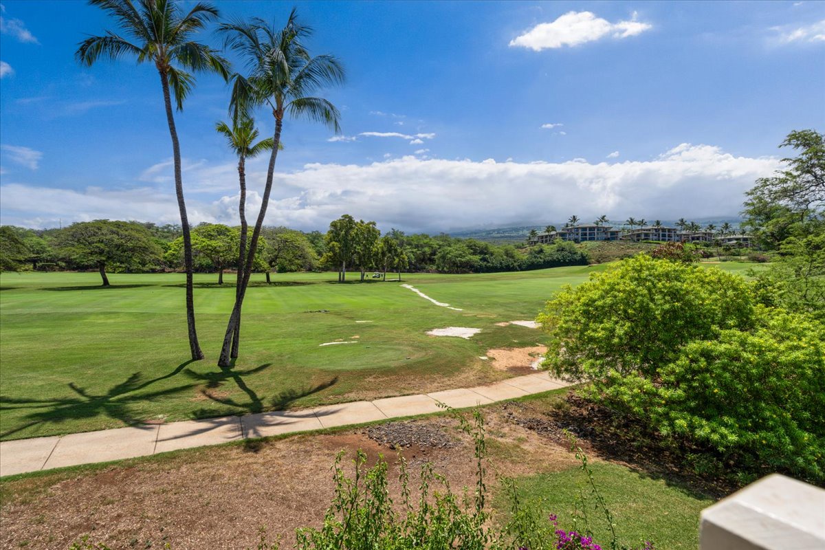 A pristine golf course framed by swaying palms, manicured fairways, and lush tropical landscaping, with mountain views beyond and neighboring properties visible in the distance.