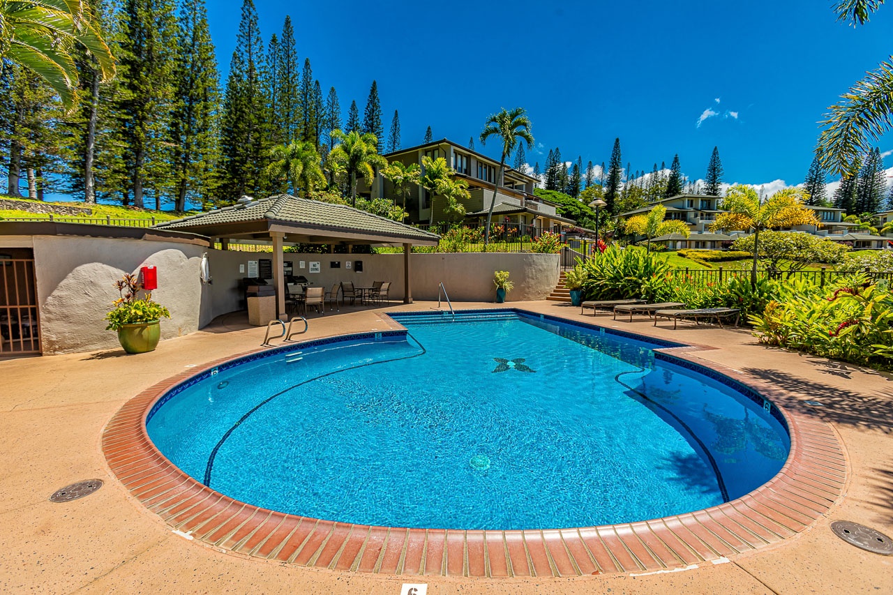 A sparkling swimming pool awaits under blue skies, surrounded by lush tropical gardens and mature pines, with a covered pavilion nearby.