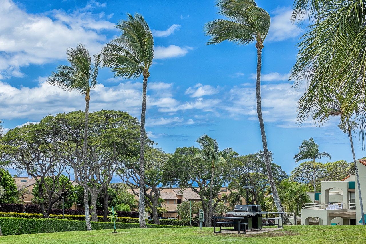 A scenic tropical resort with manicured lawns, swaying palms, and clear blue skies surrounding the main buildings and facilities.