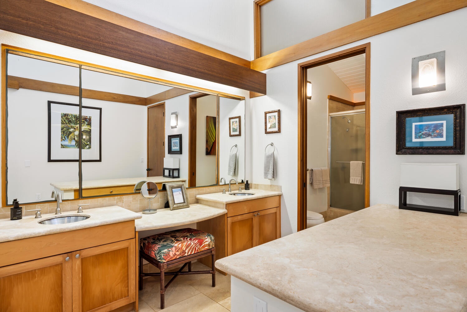 Primary bathroom with double vanitys