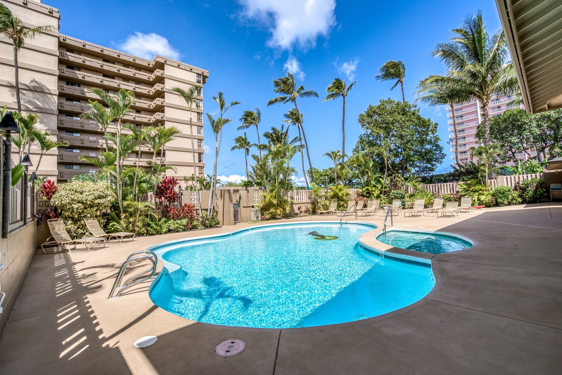 Sparkling pool surrounded by swaying palms and sunshine—perfect for lazy afternoons in paradise.