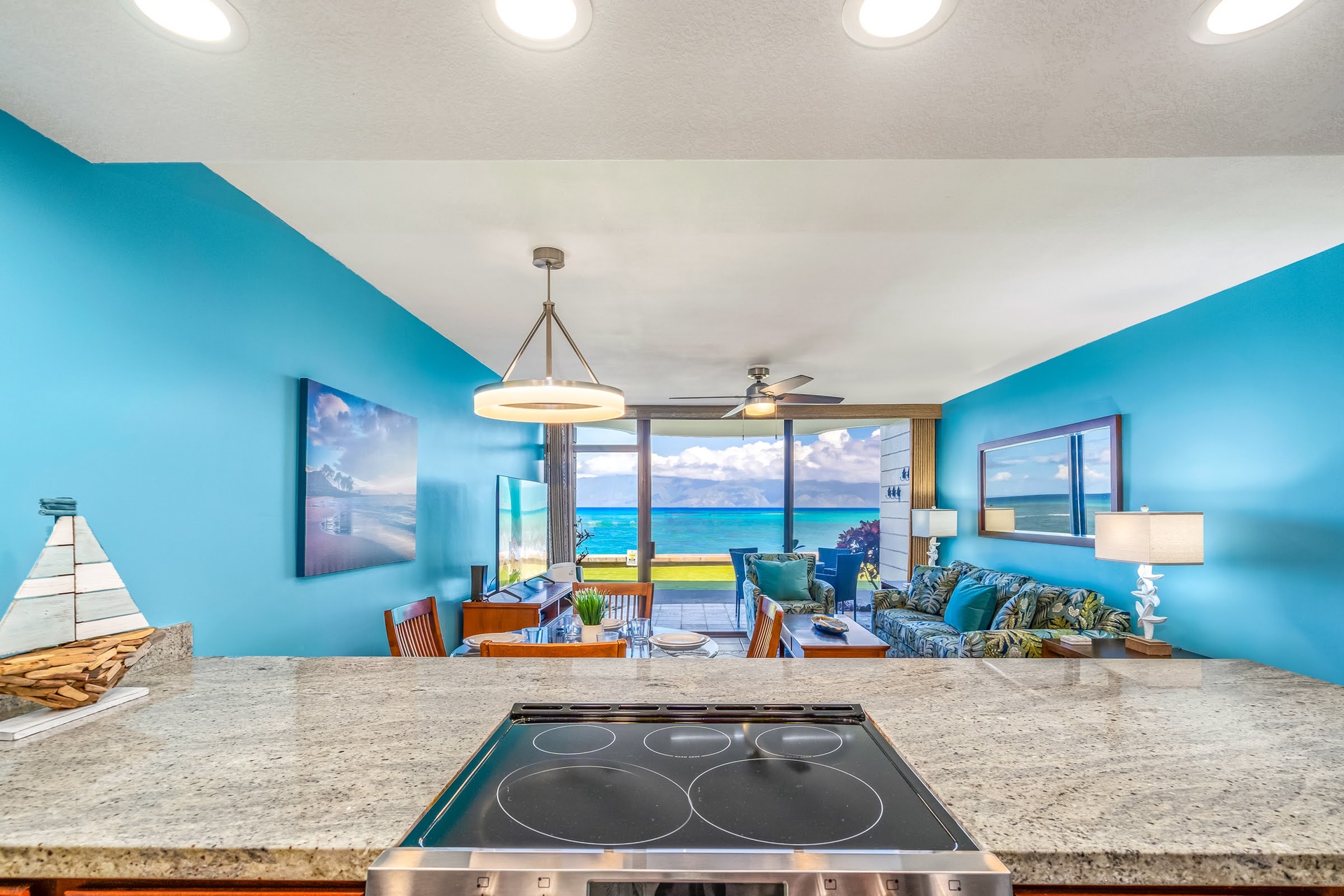 Cook up your favorite meals in this fully-equipped kitchen while gazing at the stunning ocean just beyond your windows—your beachside retreat awaits.