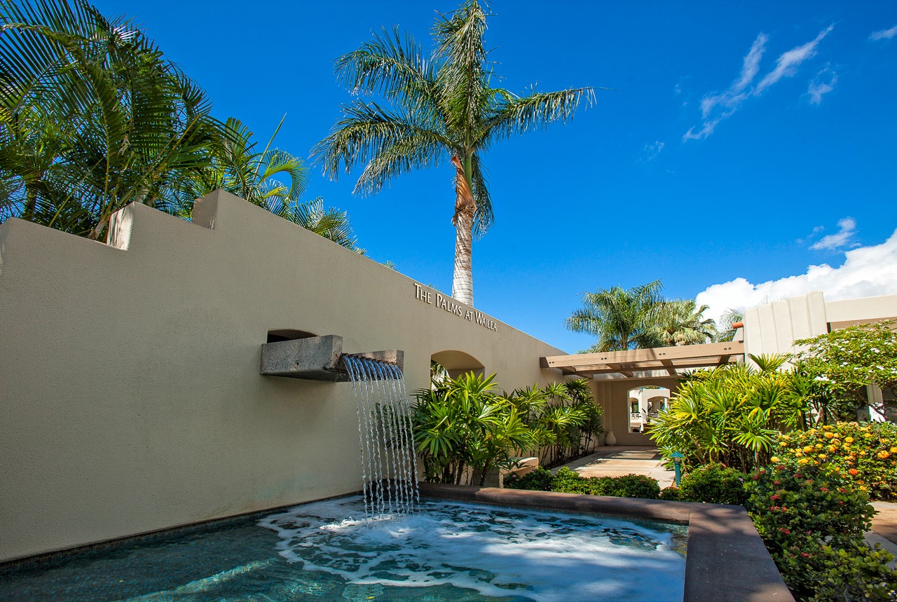 Modern tropical oasis featuring a serene waterfall fountain surrounded by lush palms and vibrant landscaping under endless blue skies.