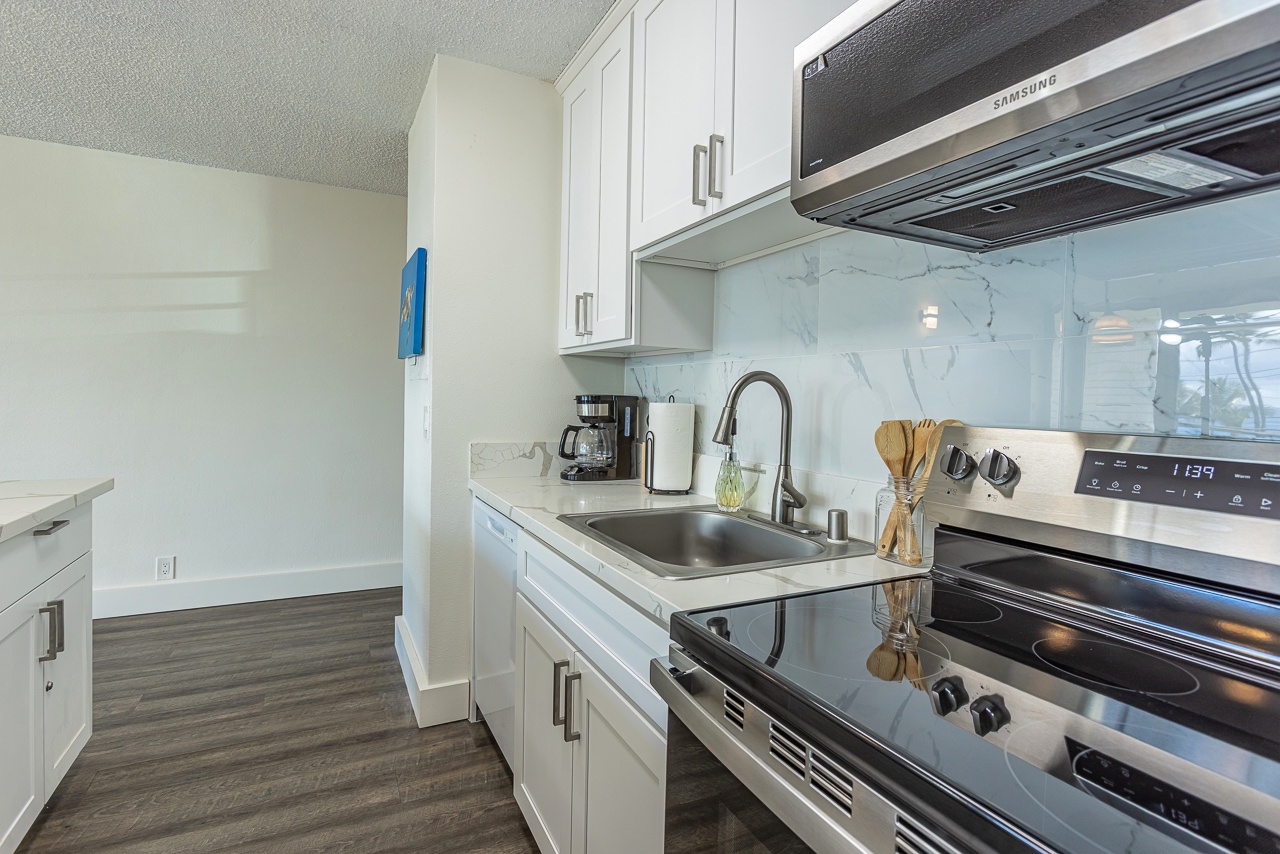 Freshly updated kitchen with open space and island charm