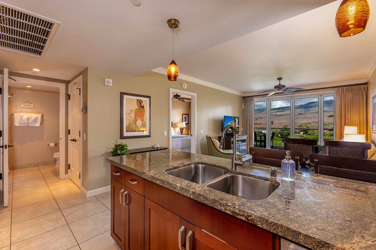 Step into your spacious suite with a full kitchen and open living area.