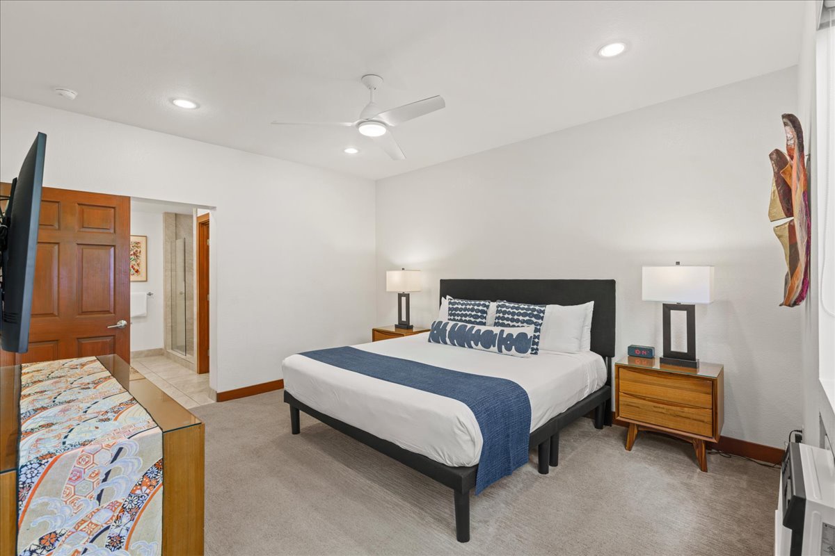 Beautiful primary suite with calming design and island charm