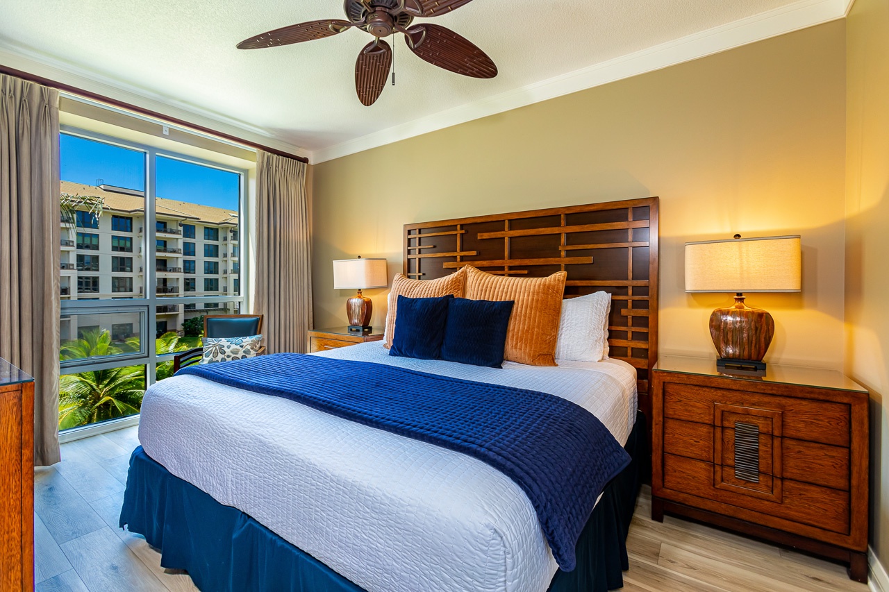 Sink into the plush bed under the tropical ceiling fan. Guest bedroom king bed can be converted to twins upon request.