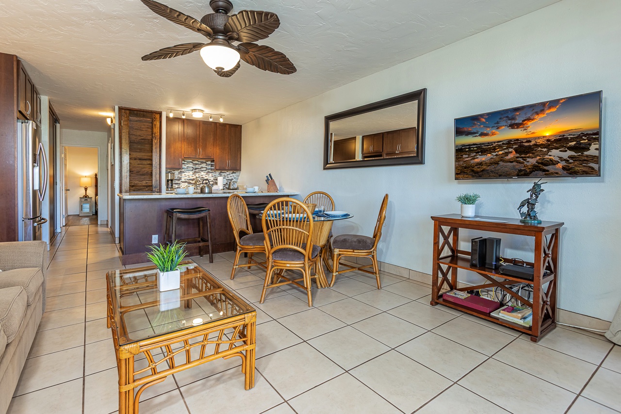 Open, inviting living room with tropical charm