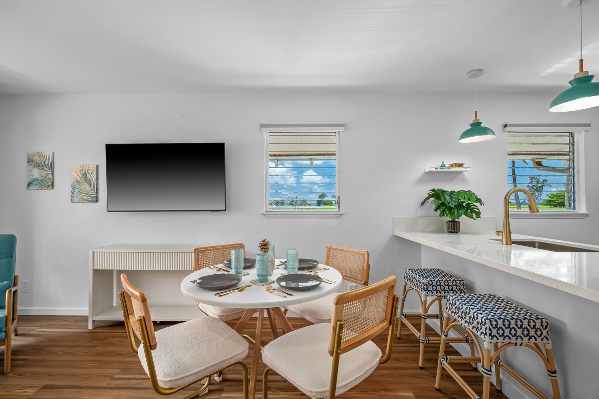 Gather for meals with seating for four.
