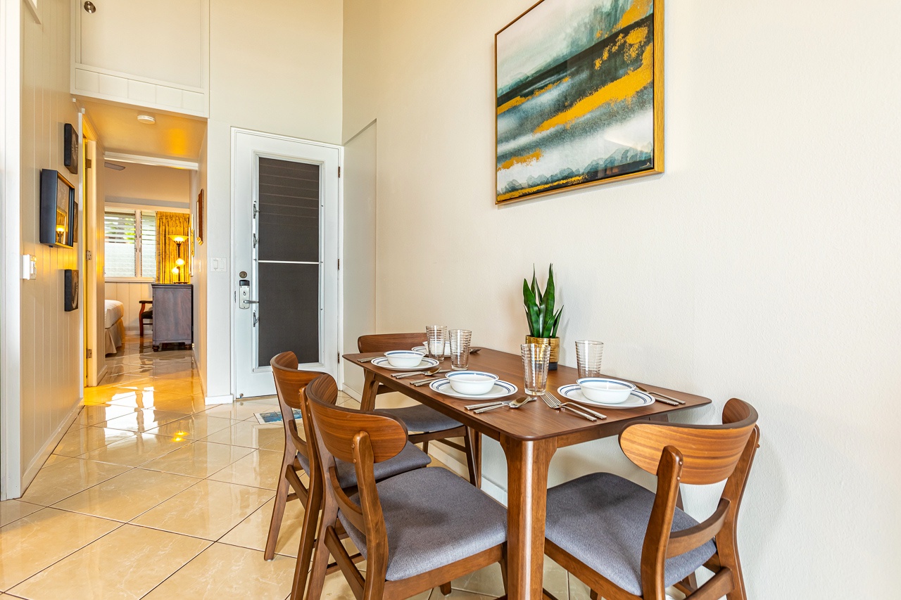 Spacious dining table perfect for sharing meals after a day of adventure.