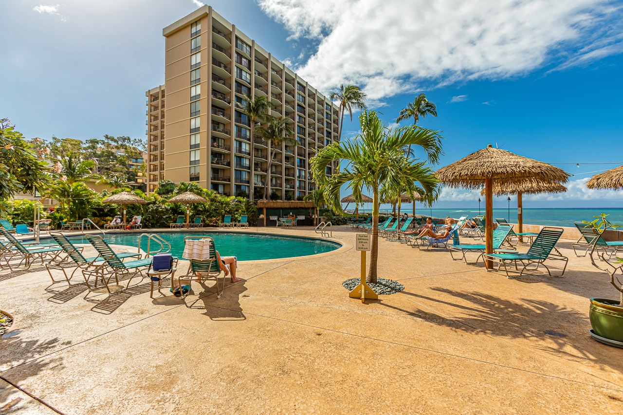 A beachfront property offering direct ocean access, complete with a sparkling pool, thatched-roof cabanas, and lounge chairs overlooking turquoise waters and palm trees.