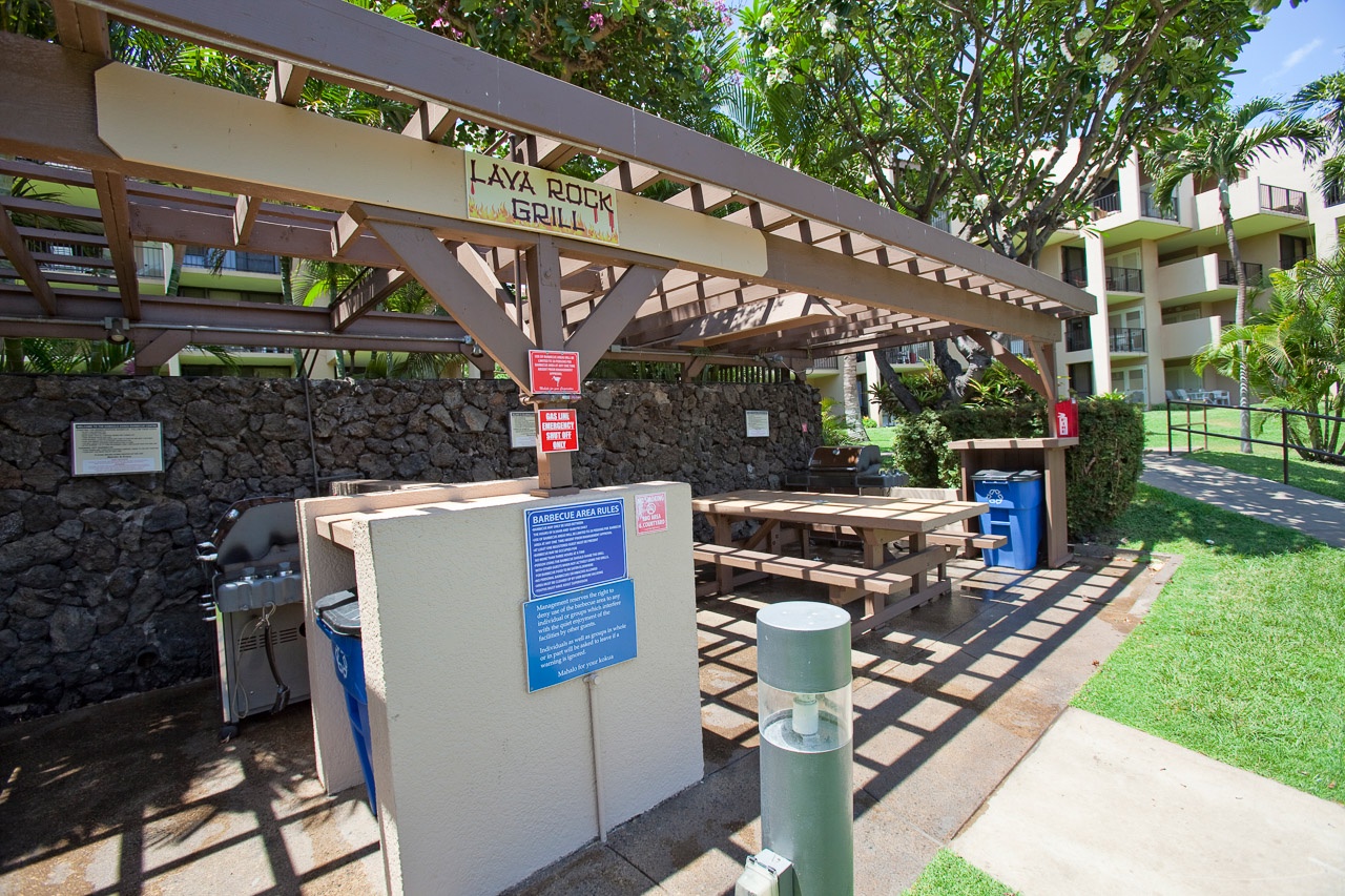 The property's outdoor grilling area offers shaded picnic tables and BBQ facilities surrounded by lush tropical landscaping and well-maintained grounds—perfect for gathering with family and friends.