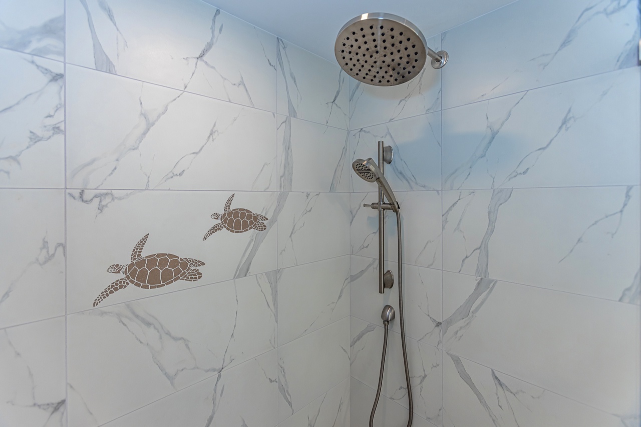 Freshly remodeled bathroom with coastal touches