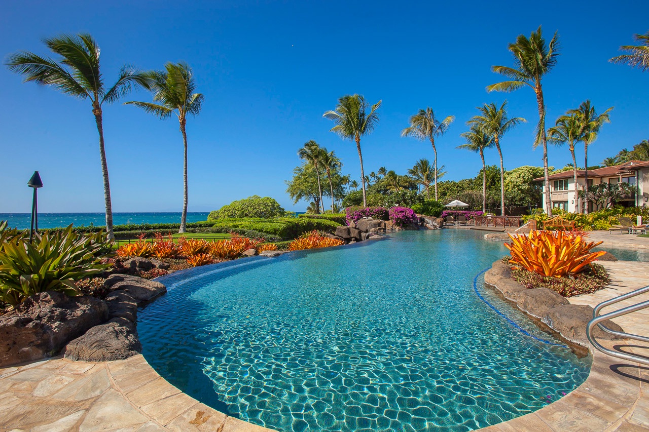 Tropical paradise awaits with a stunning oceanfront pool framed by swaying palms, vibrant gardens, and sparkling turquoise water—your perfect slice of island serenity.