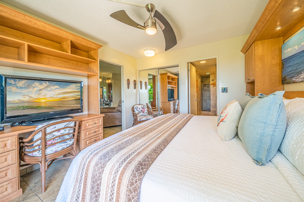 Sink into your plush bed for the perfect nights rest.  Warm wood tones and coastal decor create your peaceful retreat with every comfort at hand.