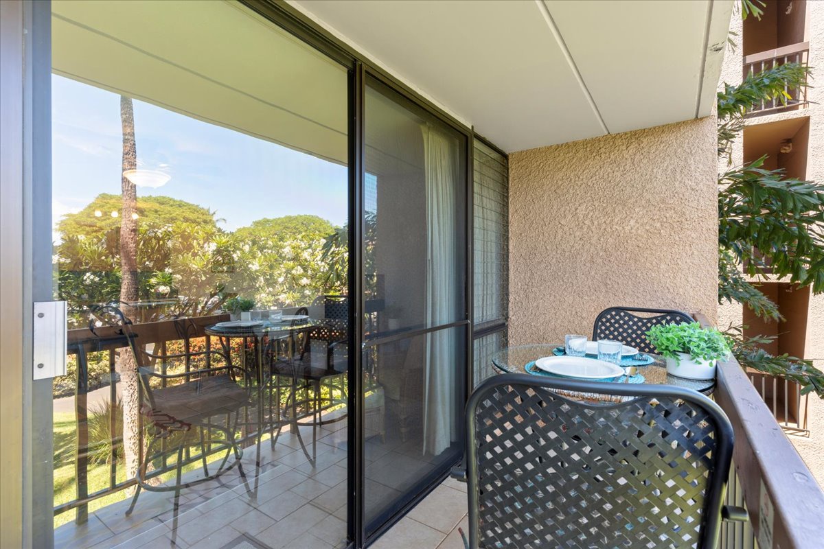 Step onto your private balcony and soak up peaceful garden views framed by lush greenery. Enjoy morning coffee at the bistro table or unwind in the evening breeze.
