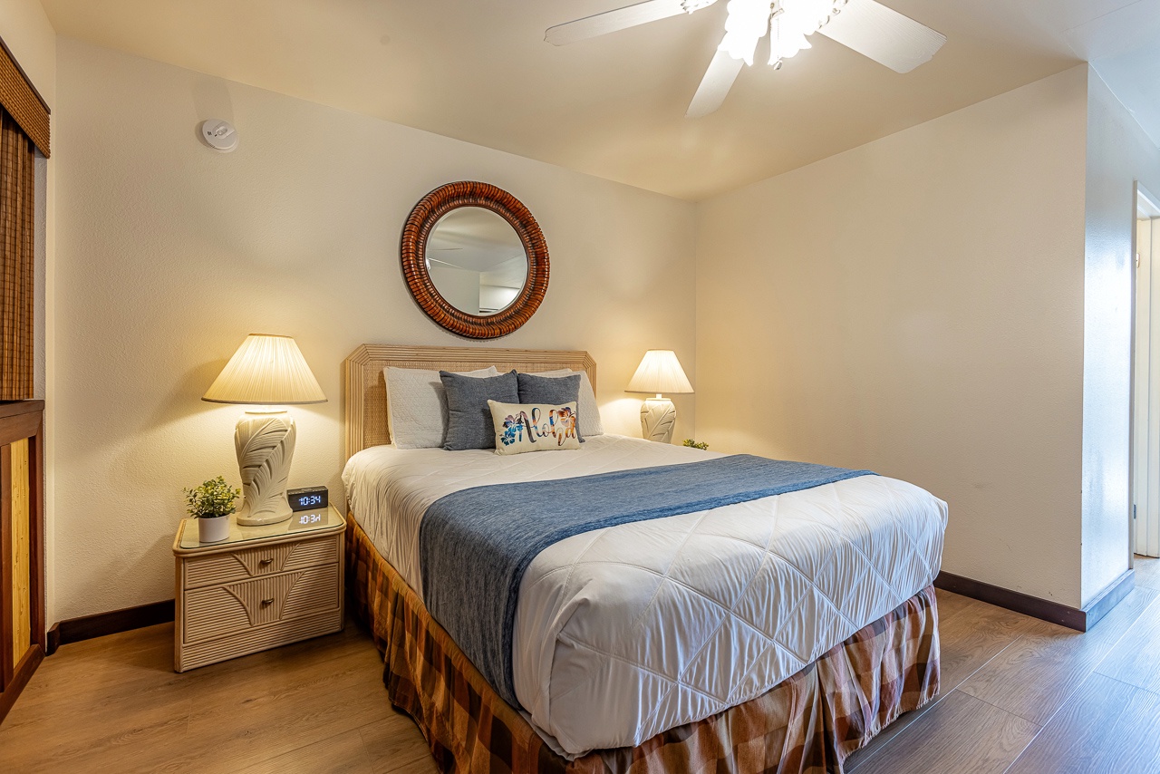 Unwind in your cozy island-themed bedroom, complete with plush bedding, soft lighting, and thoughtful coastal touches to welcome you after each day's adventure.