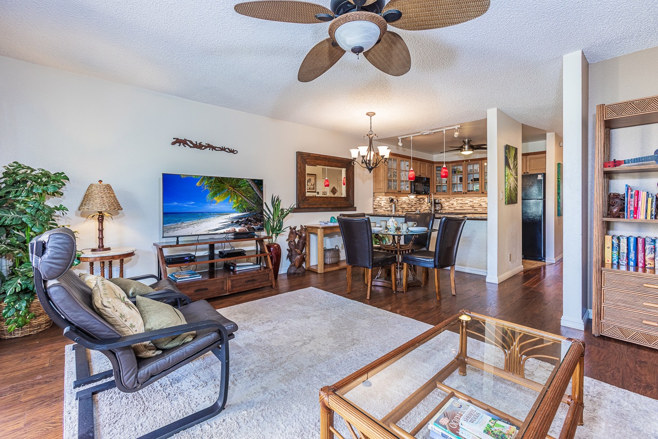 Relax in the living space, comfortable seating, and a kitchen perfect for dining.