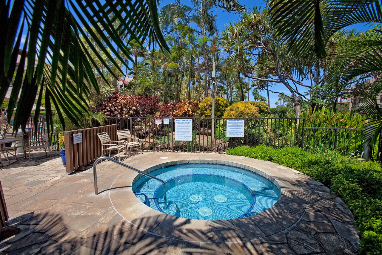 Soak away your cares in the bubbling hot tub, surrounded by swaying palms and brilliant blue sky—your private tropical escape awaits.