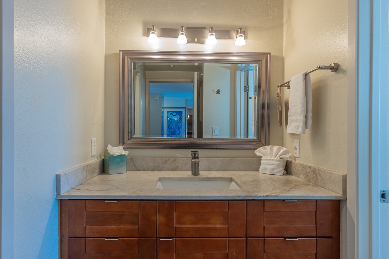 Refresh in your elegant vanity area with marble countertops