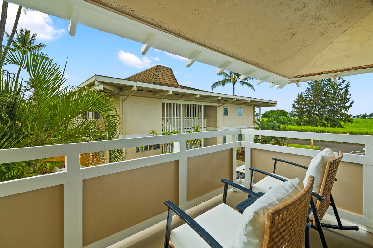 Relax on your private lanai with cushioned loungers, tropical breezes, perfect for your morning coffee or evening unwind.
