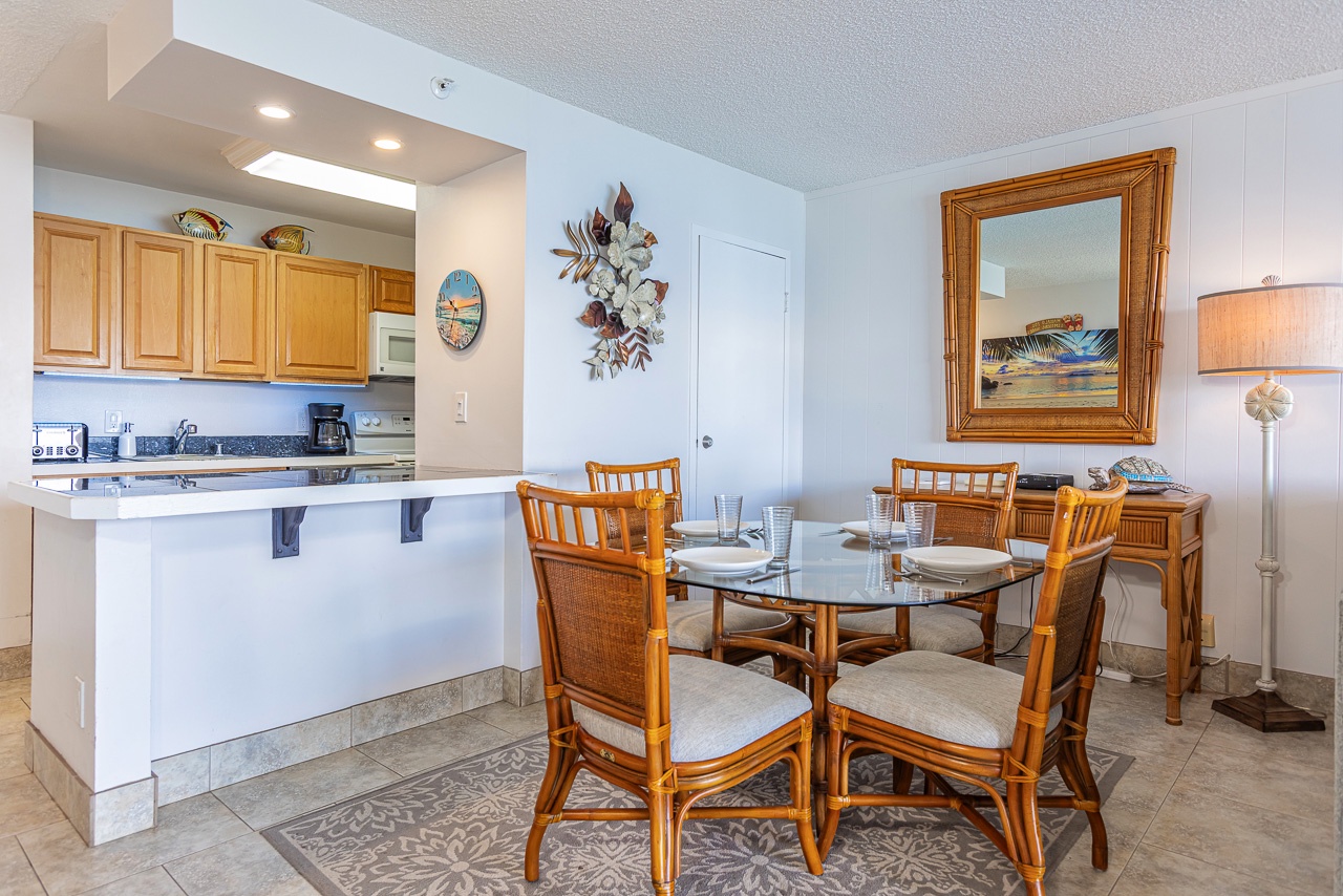Bright dining area with warm coastal textures