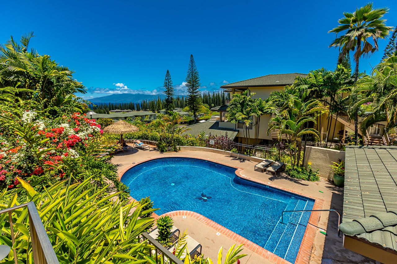 Aerial view of the property featuring a pristine pool surrounded by tropical gardens, palm trees, and mountain vistas under clear blue skies.