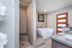 Lani Oasis bath with a modern soaking tub and walk-in shower for spa-like relaxation.