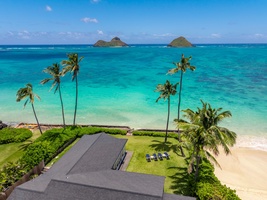 Aerial view of Lanikai Oceanside's expansive property and prime location along world-famous Lanikai Beach.