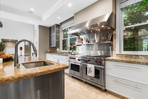 Chef’s kitchen with chef-style stainless steel appliances and custom cabinetry.