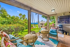 Ocean-view lanai with comfy seating at Wailea Ekolu 1605 – perfect Maui relaxation.