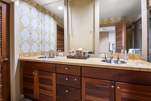 Dual vanities with tub shower combo