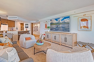 Kaanapali Shores 702's spacious living room is perfect for relaxing on your Maui stay.