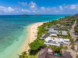 This stunning drone view highlights your direct access to world-famous Lanikai Beach.