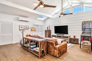 The Guest Cottage living area is bright and lively.
