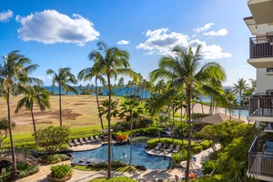 Tropical resort setting with palm trees, pool, and oceanfront location under clear blue skies.