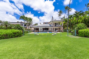 Expansive green space and towering palms create a calm setting just steps from the shoreline.