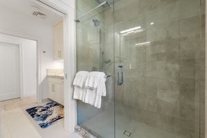 Glass-enclosed shower and sleek finishes add comfort and convenience to this shared hall bath.